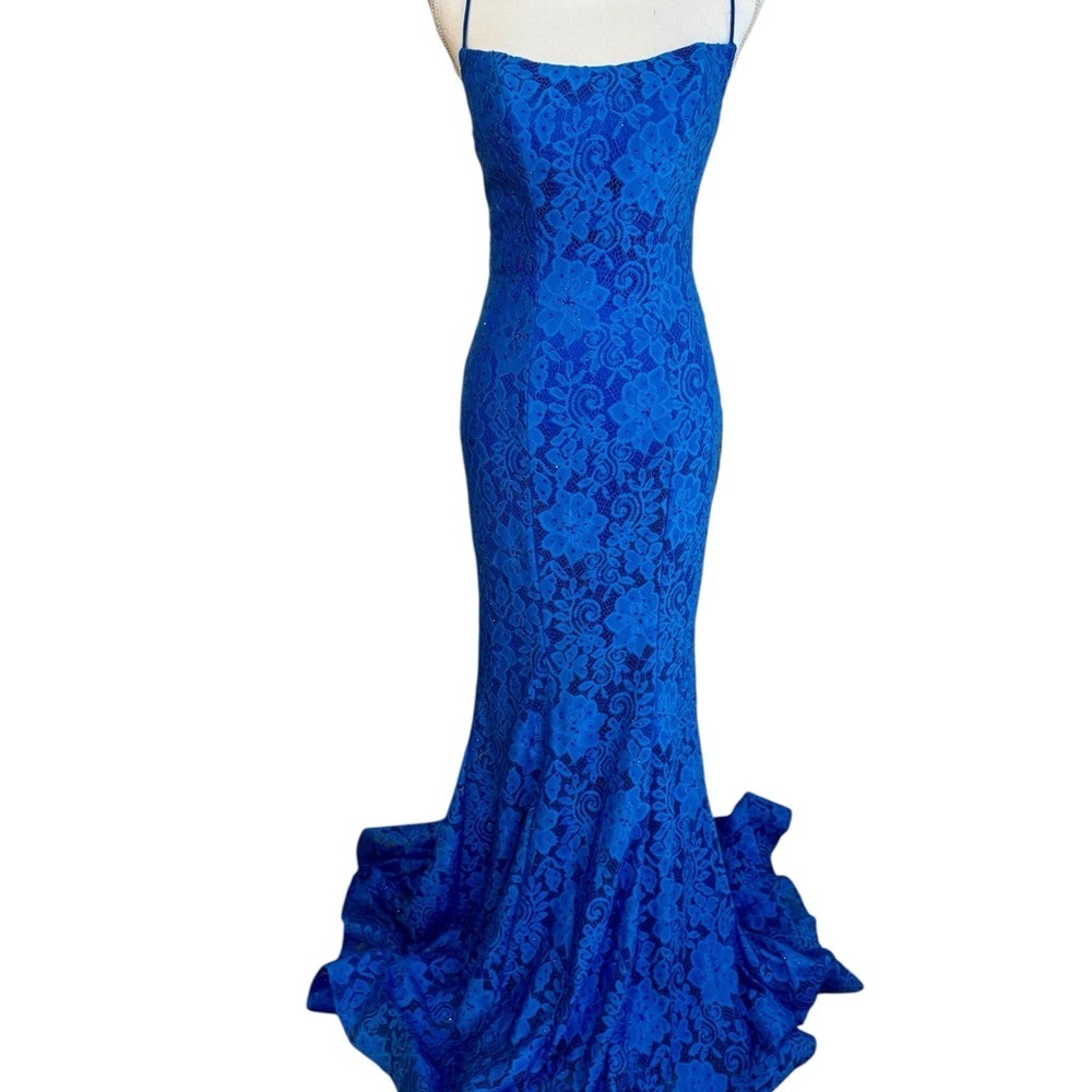 Sherri Hill Mermaid Lace Evening Gown Royal Blue Stretch Style 53359 Size 4